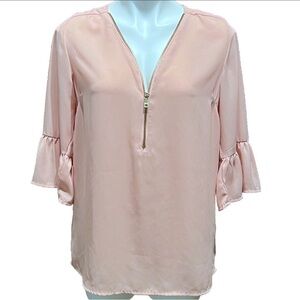 NEW Wishful Park Hi Low Bell Sleeve Blush Pink Zipper Blouse Top Pullover Medium
